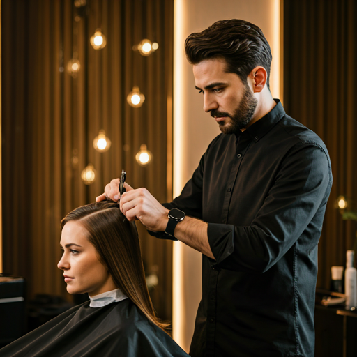 Estilista profesional realizando un corte de precisión en un estudio minimalista